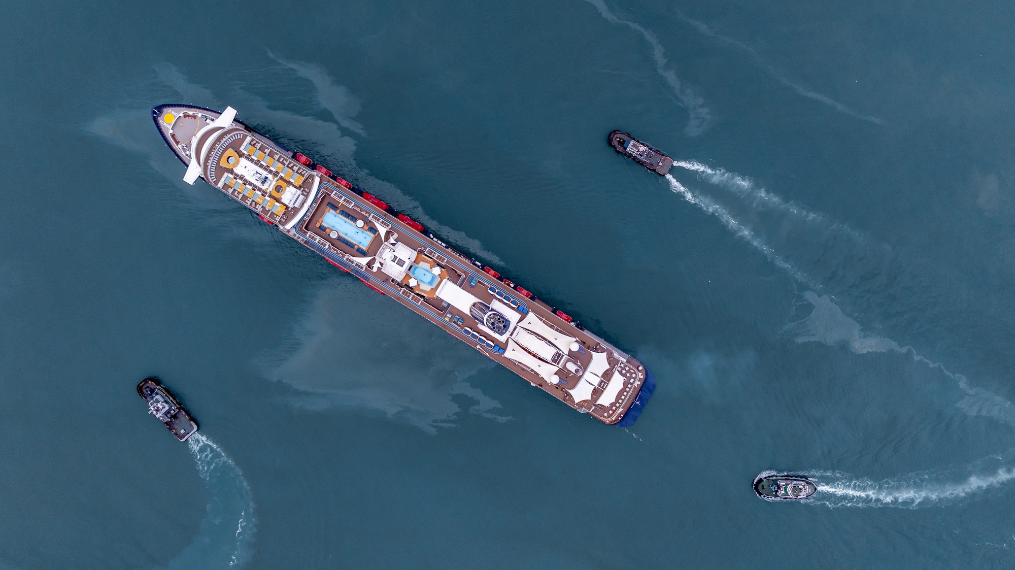 Aerial view luxury ocean cruise ship on clam blue sea, Elegant modern travel lifestyle, Luxury